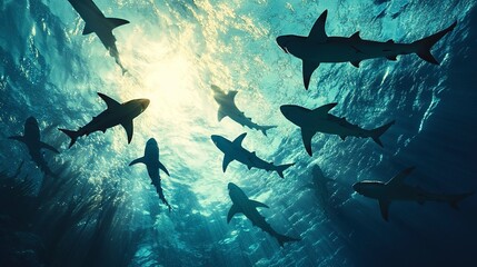 Poster - A captivating underwater scene showcasing a school of sharks swimming gracefully in sunlit waters. 