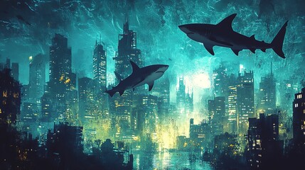 Poster - Underwater Cityscape with Silhouetted Sharks 