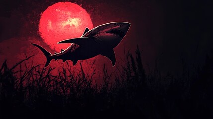 Wall Mural - Ruby glow shark silhouette nightscape 