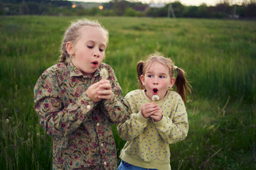 Wall Mural - beautiful blonde sisters play with a dandelion in the field