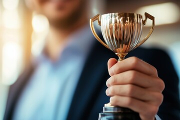 Businessman holding golden trophy symbolizing corporate success