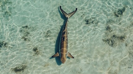 Canvas Print - top-down view of an overhead shot from above, capturing the outline and shape of a small shark in shallow water 