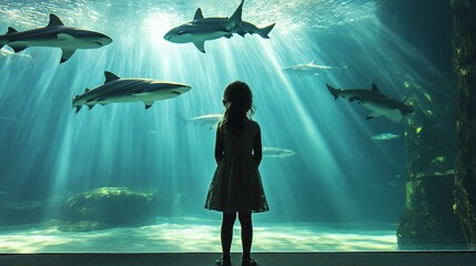 Sticker - A young girl standing in front of a large aquarium tank, mesmerized by the sight of several sharks swimming overhead. 