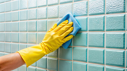 A gloved hand, blurry at the edge, wipes down a tile wall in a bathroom, cleaning away dirt and grime with a scrubbing motion.