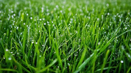 Wall Mural - Close-up of Dew-Covered Green Grass Blades