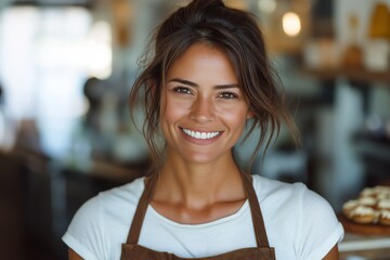 Poster - A woman with a smile on her face is standing in a restaurant. She is wearing a white shirt and apron