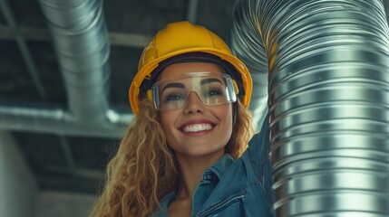 Poster - A woman wearing a yellow helmet and safety glasses is smiling at the camera. She is holding a metal pipe in her hand