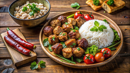 Vibrant and fresh low-carb healthy meal displayed flat on wooden table, featuring rice balls, beef koftas, stir-fried tofu, and chicken, perfect for a nutritious lunch.