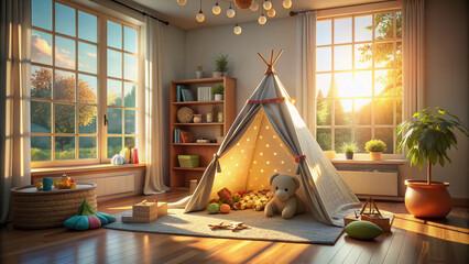 Kid play room creatve fun and playful space cozy children bedroom with tent toy and doll with sun light from window dramatic light interior background,ai generate