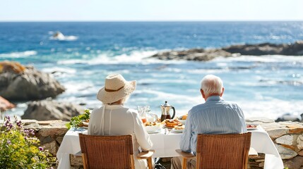 A serene seaside dining experience with elderly couple enjoying a meal together overlooking the ocean.