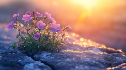 Delicate autumn wildflowers growing in the cracks of stone illuminated by morning sunshine with dewdrops. Nature’s resilience and beauty in high definition captured with professional cameras.