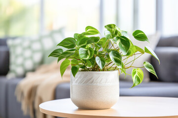 Green Golden Pothos houseplant in a textured white pot placed on a table in a modern living room with a cozy sofa and pillows.