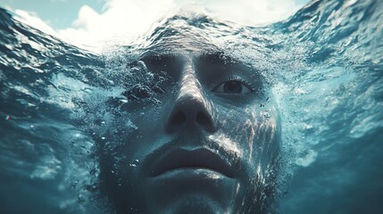 Wall Mural - Underwater Portrait: A Close-Up of a Face Submerged in the Ocean