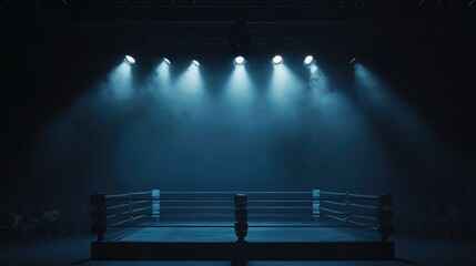 Mixed martial arts ring illuminated by powerful spotlights in a dark room, capturing the intense mood before a fight.