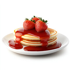 Sticker - Real pancakes isolated on white background with strawberry sauce and puree. The camera angle is front facing. The pancakes are not on a plate. PNG