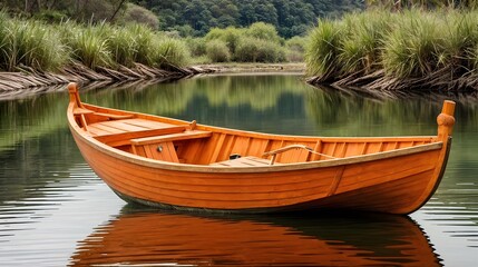 orange wooden boat on a water surface