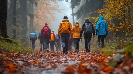 Wall Mural - Group Hike Through an Autumnal Forest