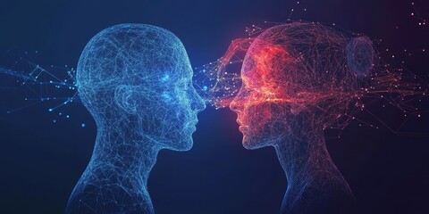 A conceptual illustration of connection and communication between two digital human figures with vibrant energy displays.