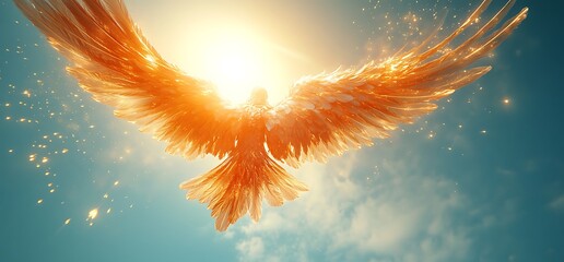 Golden bird wings spread against a blue sky, sun shining behind.