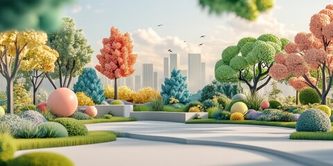 A vibrant urban park showcasing colorful trees, playful shapes, and a serene landscape set against a city skyline.