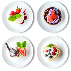 Sticker - 4 white plates with dessert, pie, ice cream, fruit. top view. isolated background