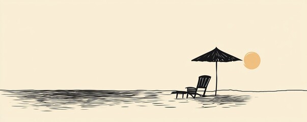 A beach umbrella and chair in one continuous line drawing. A simple linear illustration of holiday summer and vacation in paradise island and sea. EDITABLE stroke. Doodle outline of modern