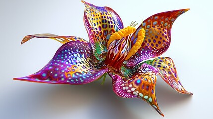 Wall Mural - Vibrant 3D Render of Peacock Orchid with Intricate Patterns on White Background at 45 Degrees Angle