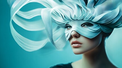 Wall Mural - Beautiful woman with creative makeup is wearing a white mask and an abstract headdress