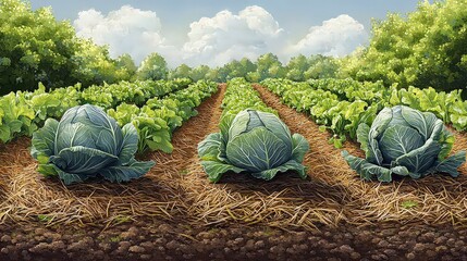 Wall Mural -  Close-up of three large cabbages growing in a fertile field. Rich soil and lush leaves indicate a healthy, organic harvest in progress.