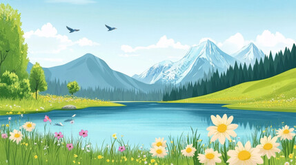 Wall Mural - A simple, charming scene with a lake, meadows, mountains, flowers, and birds. Perfect for adding a touch of nature to your designs.