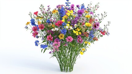 Wall Mural - Vivid 3D Model of Colorful Wildflower Bouquet on White Background at 45-Degree Angle