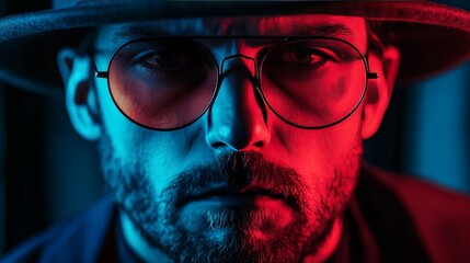 Wall Mural - A man wearing a hat and glasses with a red and blue background