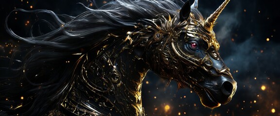 a majestic black unicorn clad in intricate golden armor stares forward with glowing red eyes. the da