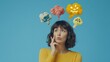 © suyu - Confused woman thinking and planning with question and doubt, Brazilian model wondering and seeking inspiration or solution for options, choice represented with emoji on blue background