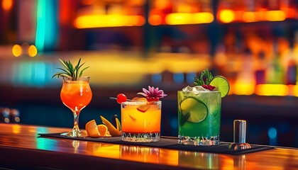 Vibrant showcase of handcrafted cocktails in a lively bar, emphasizing mixology artistry with fresh ingredients and striking colors