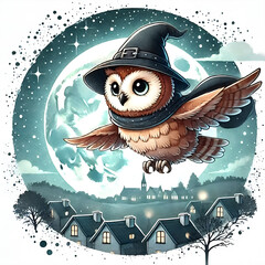 Wall Mural - The Cute Owl dressed as a witch flying over a moonlit village.