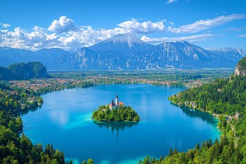 this aerial panoramic landscape shows the scenic lake bled (blejsko jezero) in the julian alps in sl