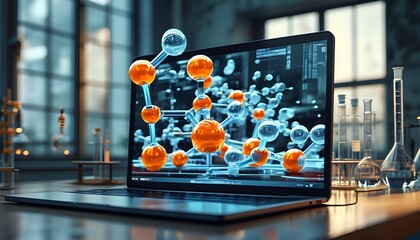 Wall Mural - Innovative research environment featuring a laptop showcasing intricate 3D molecular models in a state-of-the-art laboratory setting