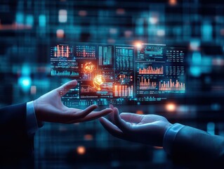 Leinwandbilder - A machine learning AI assistant handing a digital report to a business executive, with the report showcasing predictions and insights through glowing 3D charts