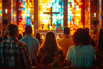 Generative AI photo church service Sunday, congregation sing hymns celebrating resurrection Jesus