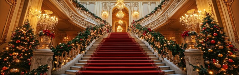 Wall Mural - Opulent Grand Christmas Staircase with Elegant Holiday Decorations