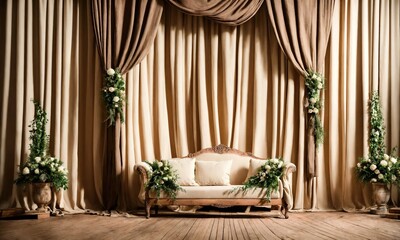 Wall Mural - Interior of a rustic room with a beige sofa and curtains. ai generative