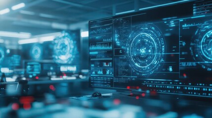 Poster - A futuristic control room where diverse operators work together, with holographic screens showing realtime data and communication channels, leading to a successful mission