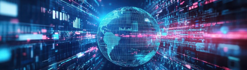 Aufkleber - A digital globe surrounded by streams of realtime data, representing the integration of business intelligence, analytics, and automation on a global scale