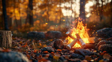 A cozy campfire surrounded by autumn foliage creates warm and inviting atmosphere. vibrant orange flames dance among logs, illuminating serene forest setting.