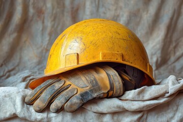 still life composition of vibrant yellow construction helmet and rugged work gloves on stark white background