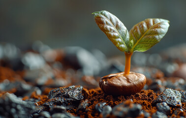 Wall Mural - A small plant is growing in the dirt. The plant is surrounded by rocks and dirt, and it is the only thing visible in the image