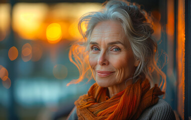 Wall Mural - A woman with gray hair and a scarf on her neck is smiling. She looks happy and content