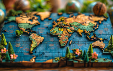 Wall Mural - A wooden map of the world with a blue background and green trees. The map is decorated with flowers and has a small globe on top