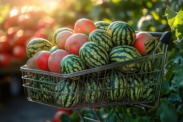 sundrenched farmers market scene featuring a shopping cart overflowing with fresh watermelons warm light accentuates the fruits juicy texture embodying summer abundance and healthy living